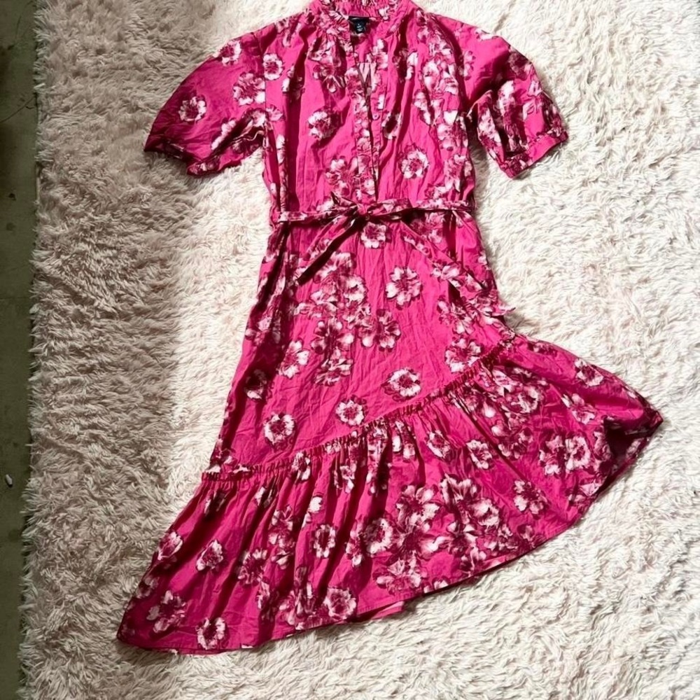 Scoop Pink‎ Floral Asymmetrical Feminine Coquette Twee Soft Collared Midi Dress